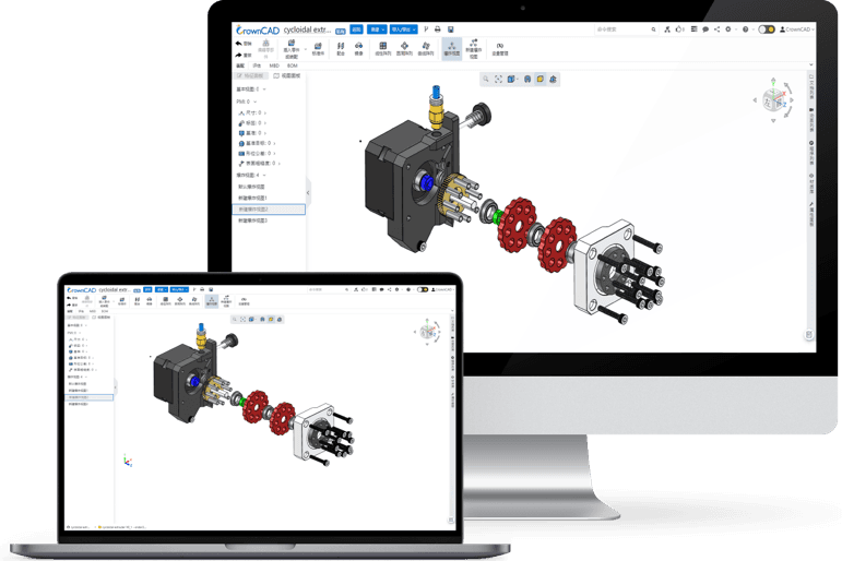 CrownCAD product assembly open on desktop and laptop